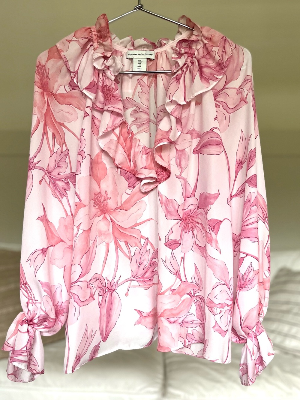 Pink Floral Ruffle Neck Blouse